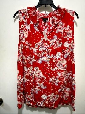 Talbots Red Paisley Ruffle Neck Sleeveless Top
